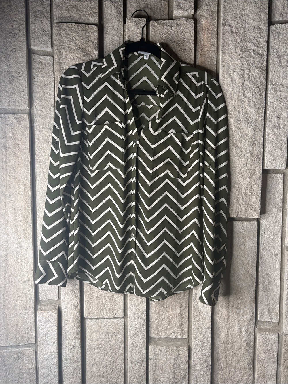 Express Olive and White Chevron Button-Down Shirt
